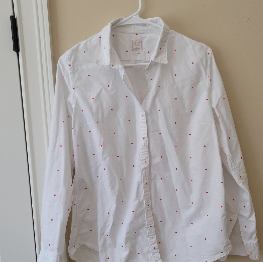 GAP Polka Dot Cotton White Red Button Long Sleeve Shirt Top Blouse Size L